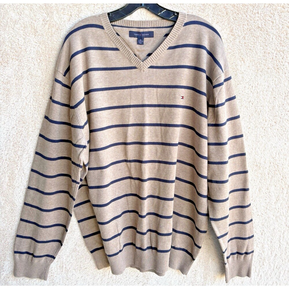 Tommy Hilfiger Pullover V Neck Sweater Sz XXL Tan Navy Stripes Logo 100% Cotton